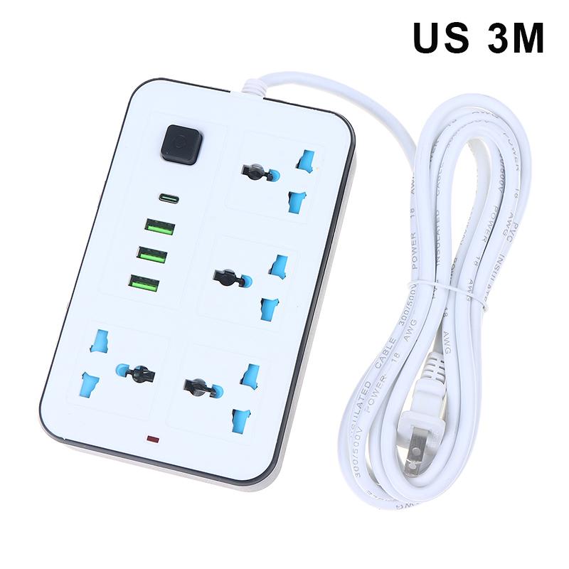 New EU US Plug 2/3Pin Power Strip 1 TypeC 3 USB Port 4 Way Outlet 2/3/5M Extension Power Socket Charge Electrical Socket