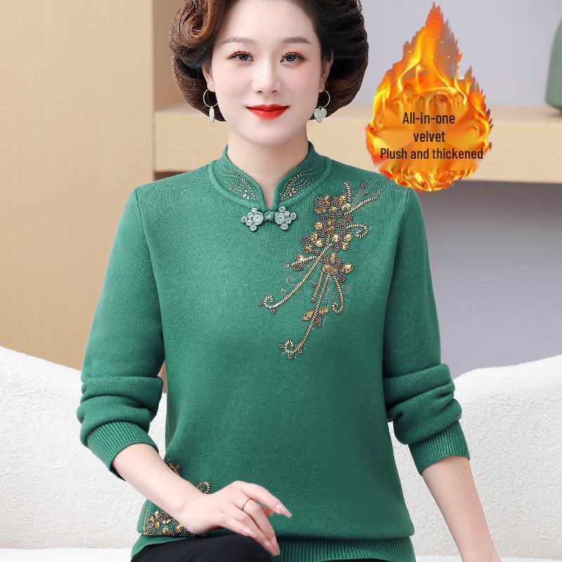 Mom's Chinese Embroidered Top: Fashionable Plus Velvet Sweater for Middle-Aged & Elderly Women, Autumn/Winter Base Layer