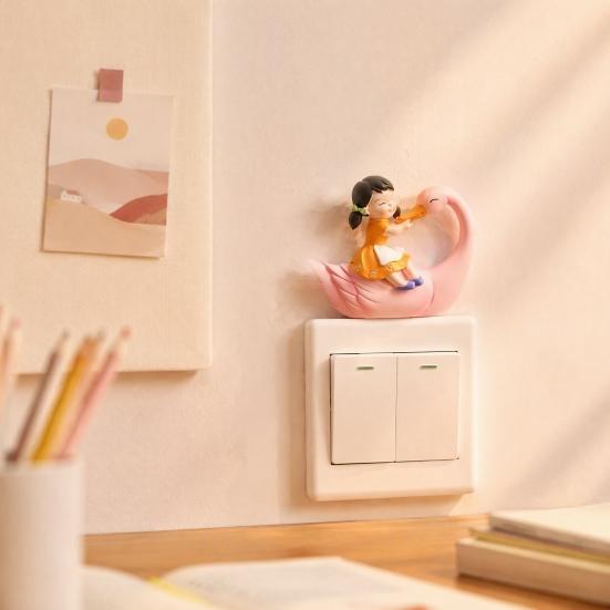Decorative Wall Switch Decal 3D Resin Stickers, Fairy Tale Girl on Swan Decor, Sticker Peel & Stick Light for Kids Bedroom Nursery Home Decor