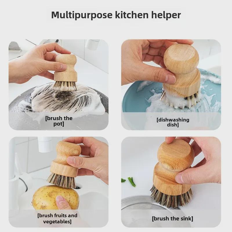 Natural Sisal Multi-Purpose Kitchen Brush for Dishes, Fruits, and Vegetables - Solid Wood Handle