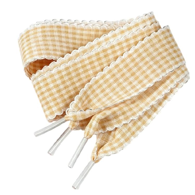 Gingham Ribbon Shoelaces with Lace Trim for Trainers and Canvas Pairs, Flat Decorative Laces for Daily Styling