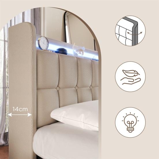 LED Light Bed Soft Cushion Headboard Upholstered with 2/4 Drawers USB Charging Metal Basket Strong Wood Slat Support Bedroom Furniture Teen