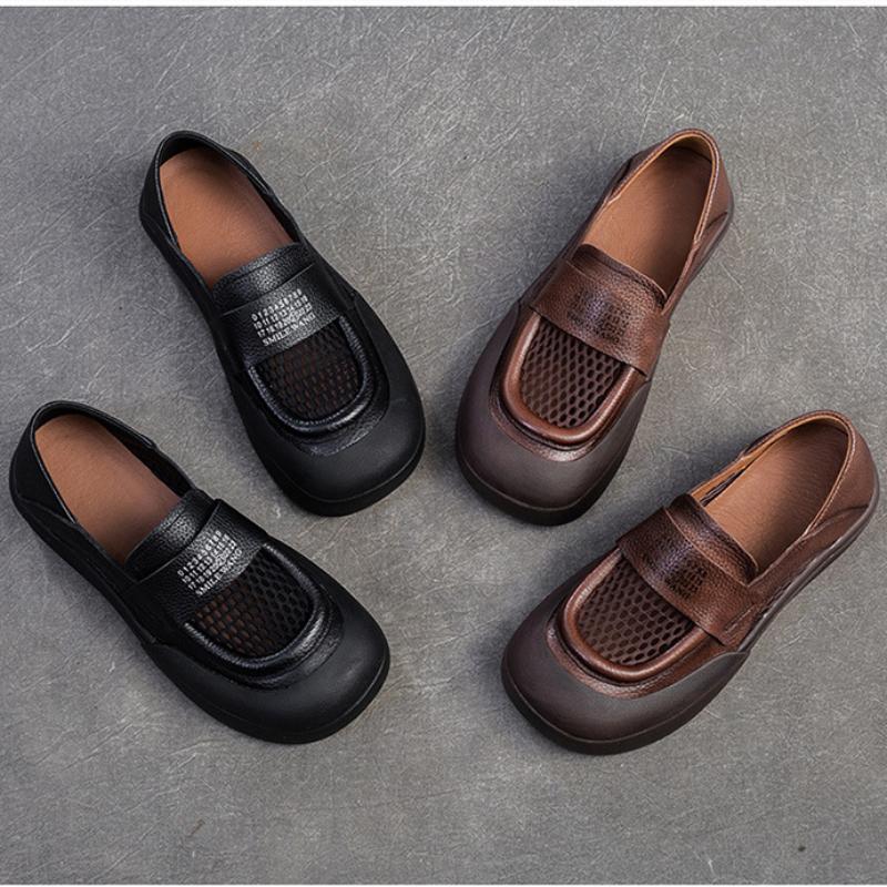Johnature Versatile Breathable Mesh Flat Shoes Retro Genuine Leather Comfortable Sandals Women's Slip-on Shoes