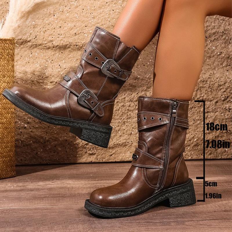 

Vintage Buckle Detor Boots for Women Spring Autumn Zipper Up Platform Boots Woman Fashion Black Brown Pu Leather Botas Female 40