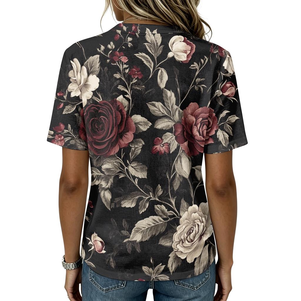 Damen Kurzarm Henley Shirt Knopfleiste Baumwoll-Leinen-Mischung Lässiges Bedrucktes Oberteil Leicht Atmungsaktiv Sommerbluse