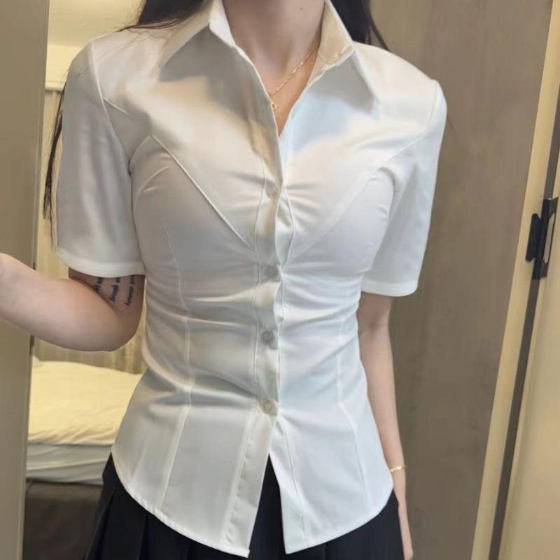 White Women's Waist Cinched Short Sleeved Shirt Unique Lace Up Design Slim Fit Blouse American College Style Ladies Tops