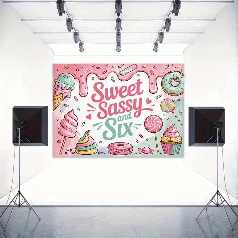 2D Pink Birthday Backdrop "Sweet Sassy and Six!" with Donuts, Cupcakes & Sprinkles Background
