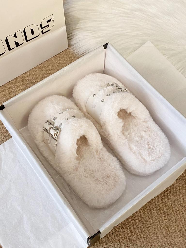 Baotou Thick-soled Fluffy Slippers Women's 2025 Autumn and Winter New Fashion Outer Wear Belt Buckle Fleece Warm Cotton Slippers