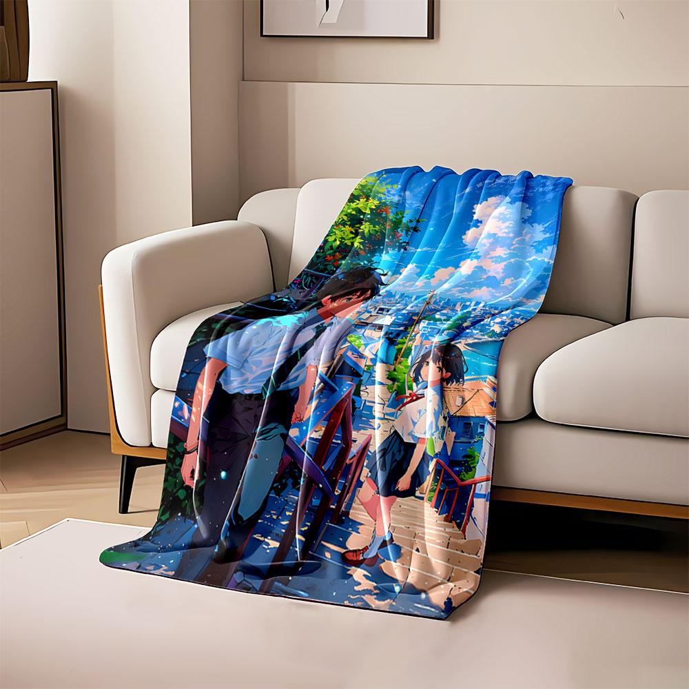 A vibrant hillside scene with students, stairs, foliage, and a sunny sky. for all seasons blanket lunch break throw gift 80cm x 120cm