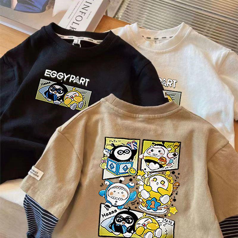 Boys Cotton Long Sleeve T Shirt Spring Autumn Fake Two Piece Round Neck Base Layer Top for 1-9 Years Old Kids
