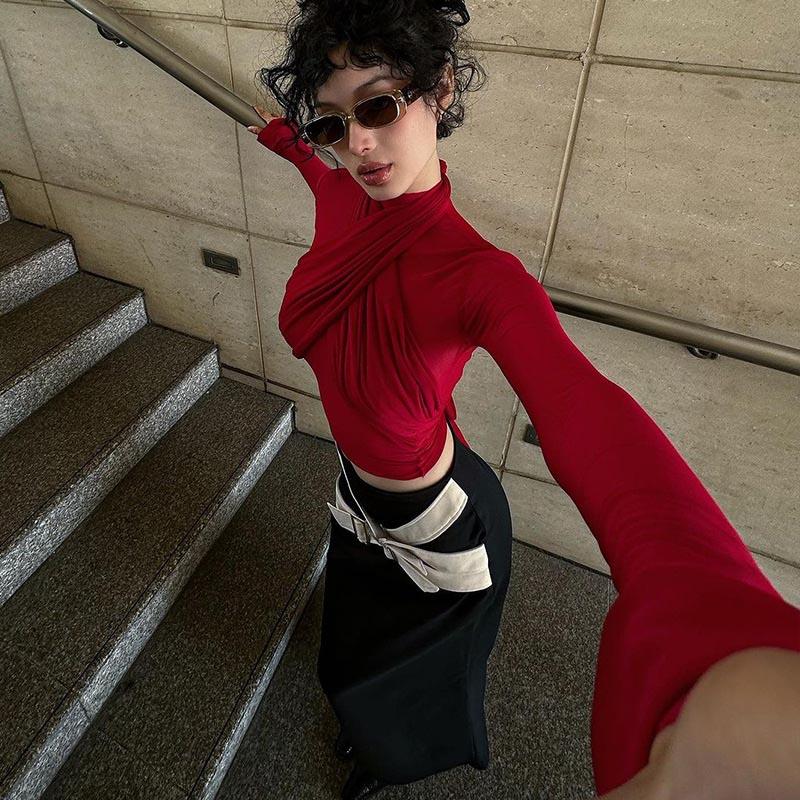 2025 Frühling Mode Mesh Rollkragen Langarm Rot Drapierter Verband Sexy Durchsichtiges Crop T-Shirt Top Streetwear Club