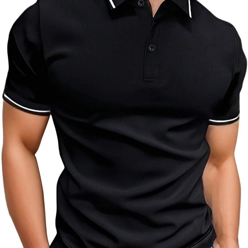 Men's Korean-Style Solid Color Pullover Polo Shirt Casual Button Short-Sleeve Lapel Top