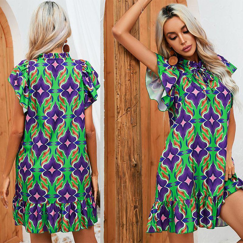 Women Ruffles Bohemian Party Dress Summer High Waist Floral Print Petal Sleeve Mini Dress Ladies Elegant Beach Dresses Vestidos