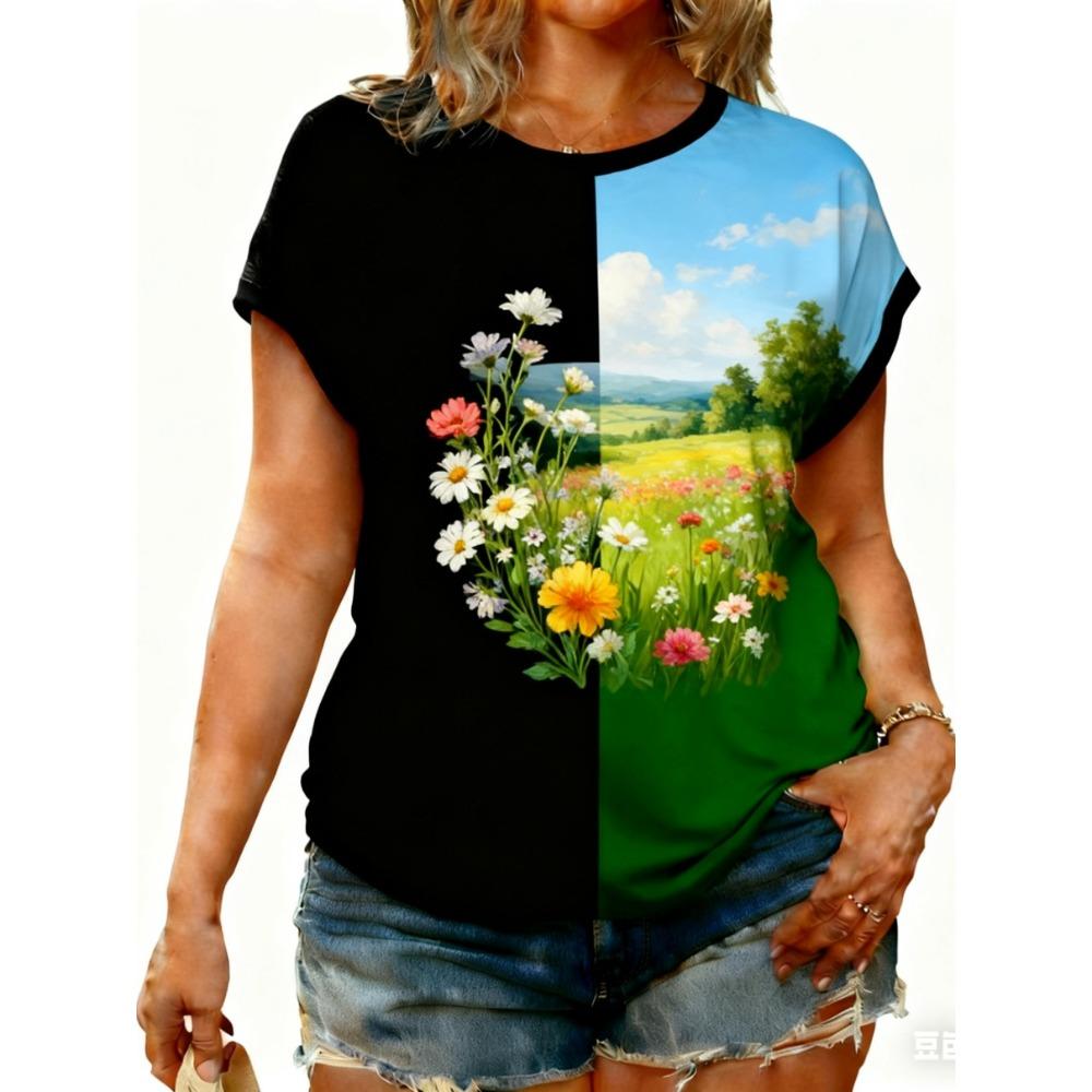 Tricouri de damă mărime mare XL-7XL Tricou de damă cu gât rotund, la modă, cu patchwork floral și imprimeu colorat, cu mânecă scurtă