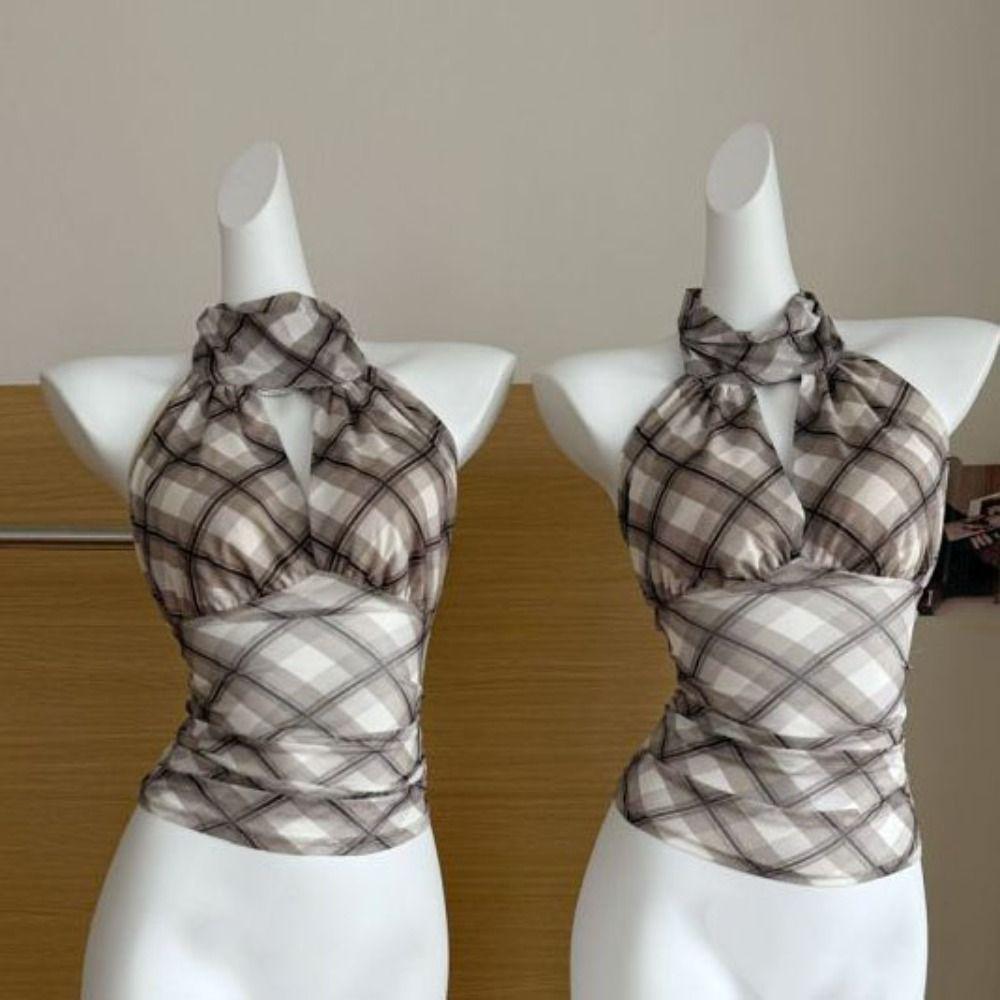 Lace Up Halter Sleeveless Camisole Plaid Stripe Suspender Vest Fashion Slim Crop Tops Travel