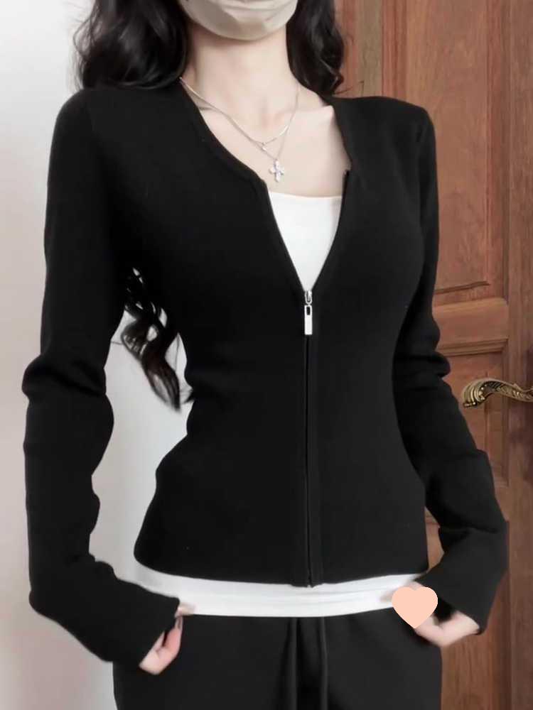 Korean Style Colorblock Two-Piece Zipper T-Shirt for Women - Slimming Spring/Autumn Top with Modern Design