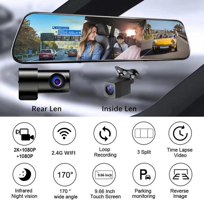 1/2/3 Option WiFi Auto Dashcam, 2K HD Touch Screen Rearview DVR, Front/Inside/Rear 170° Wide Angle Reverse Recording