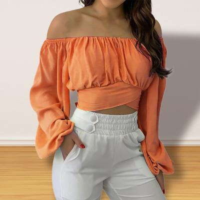Flower Print Cross Strap Exposed Navel Women Blouse Off Shoulder Lantern Long Sleeve Pullover Top Club Wear