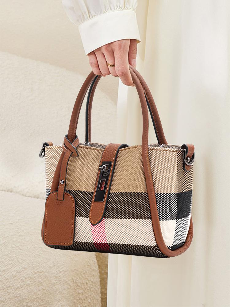 Aidrani  New women's plaid handbag mini style made of canvas and cowhide materials brown