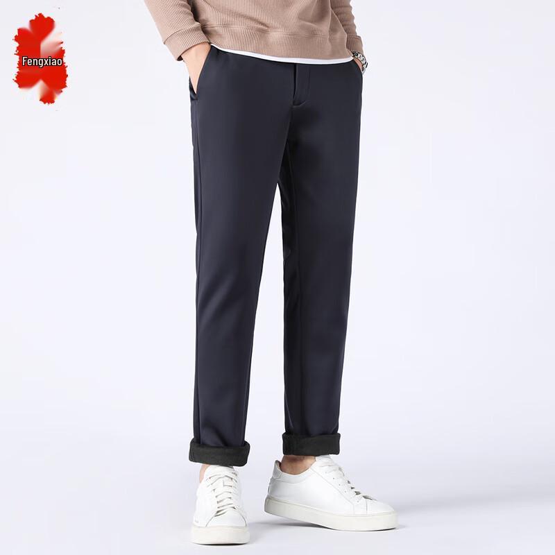 Fengxiao Men's Fleece-Lined Elastic Waist Straight Leg Business Casual Pants