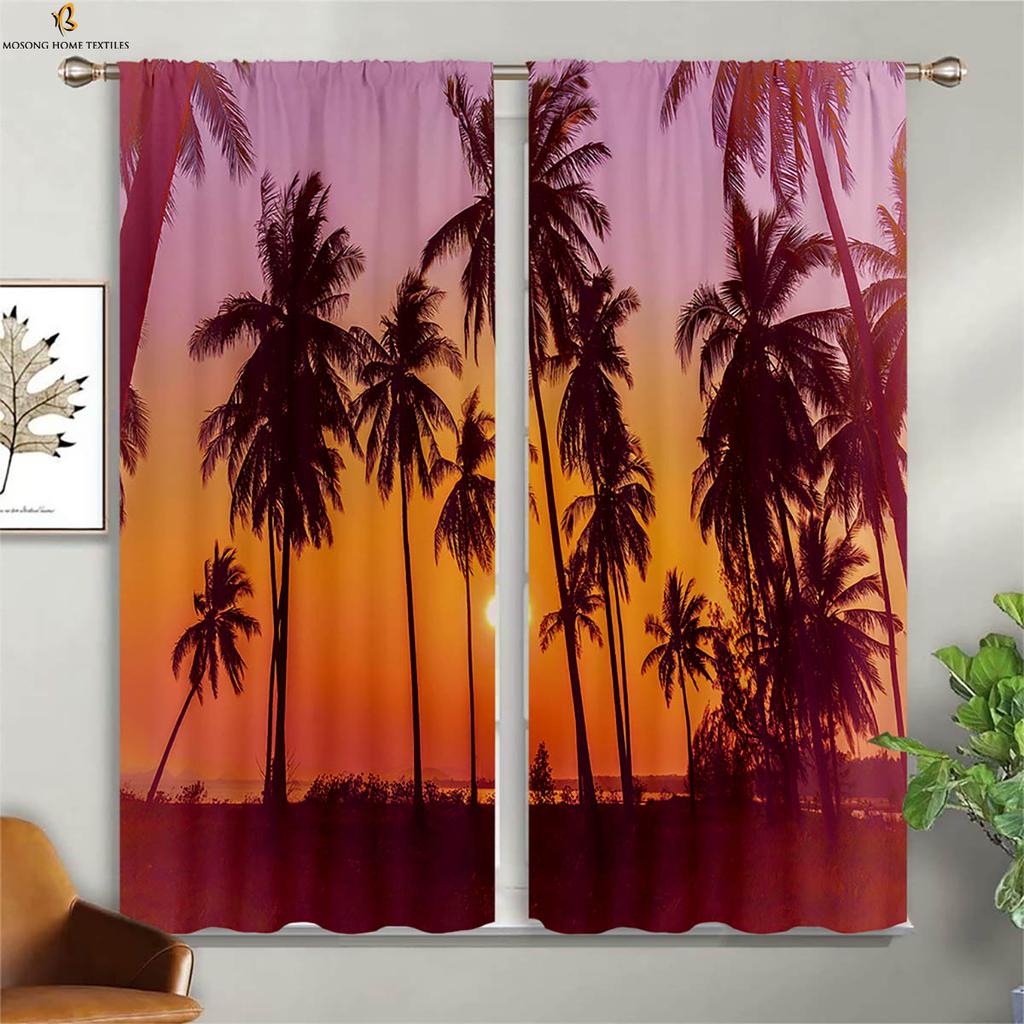 Seaside Scenery Decorative Curtains Beach Coconut Trees Blue Sky Sunset Sea View Room Living Balcony Printed Made Of Polyester Window Treatment