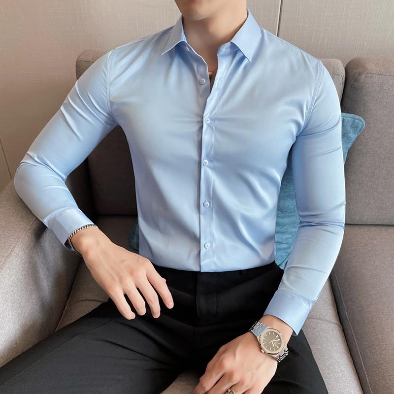 2025 Spring Men Solid Color Business Shirt Men Shirt Fashion Classic Basic Casual Slim White Social Shirt Autumn
