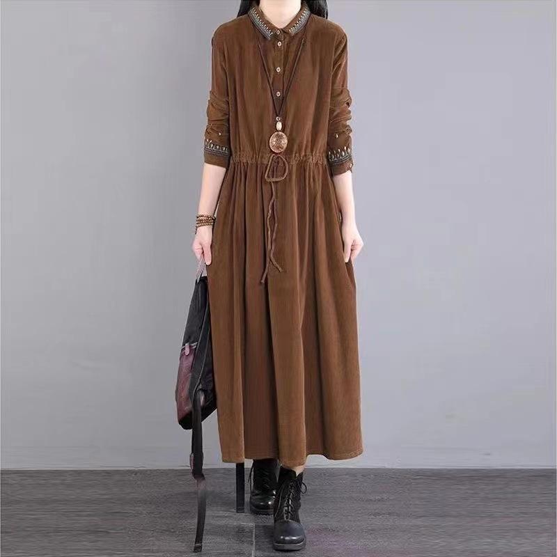 2025 autumn clothing new a-shaped single-breasted embroidered dress women's loose and thin lapel long-sleeved temperament long dress