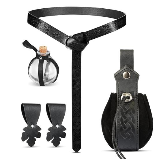 Renaissance Belt with Potion Bottles Adjustable Faux Leather Waist Bag Halloween Viking Costume Accessory