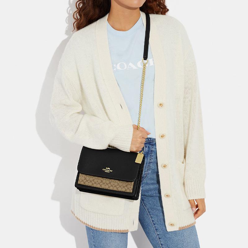 COACH Klare 22 gold logo classic presbyopic flap multi-function pocket canvas with leather crossbody bag regular women's black with brown
