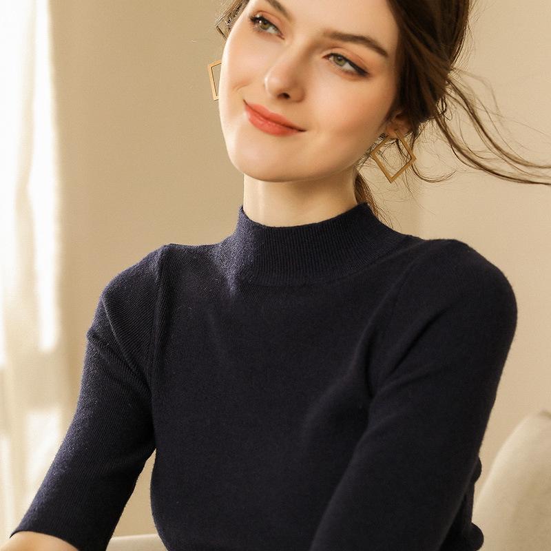 2021 Spring Knitted Half-High Neck Slim Pullover with Five-Point Sleeves