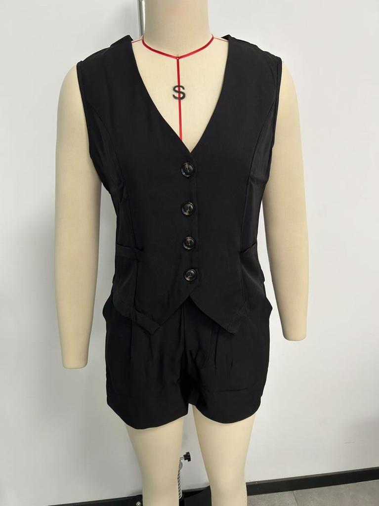 2026 New Cross-border Casual Women's Clothing Elegant Commuter V-neck Button-decorated Vest Shorts Short Two-piece Set