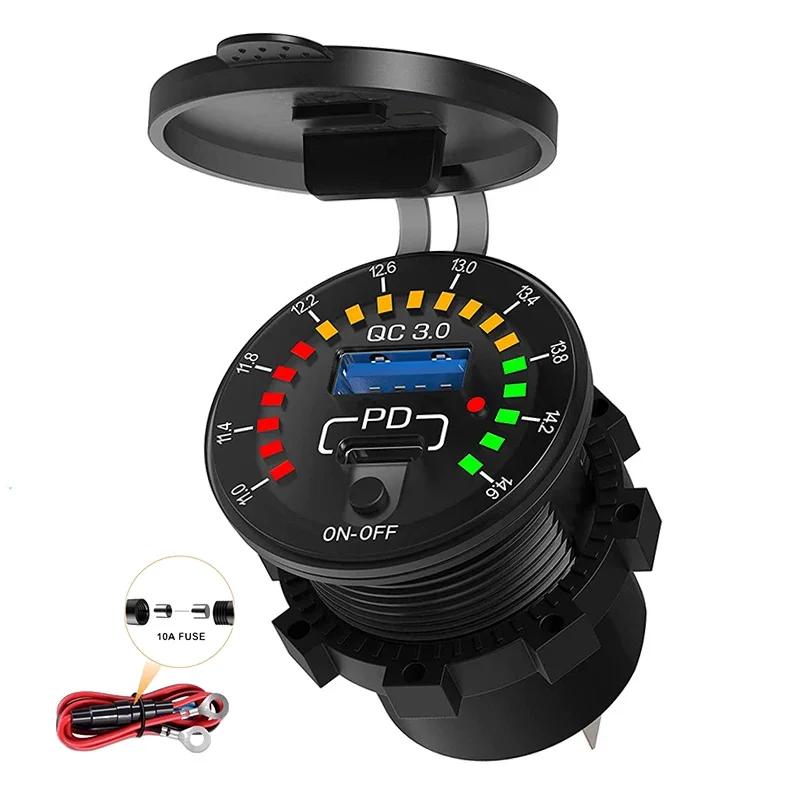 USB-C 48W Car Charger Socket 12/24V QC3.0 & PD Outlet Fast Charging with Voltmeter ON/OFF Power Switch for Car Boat Motorcycle