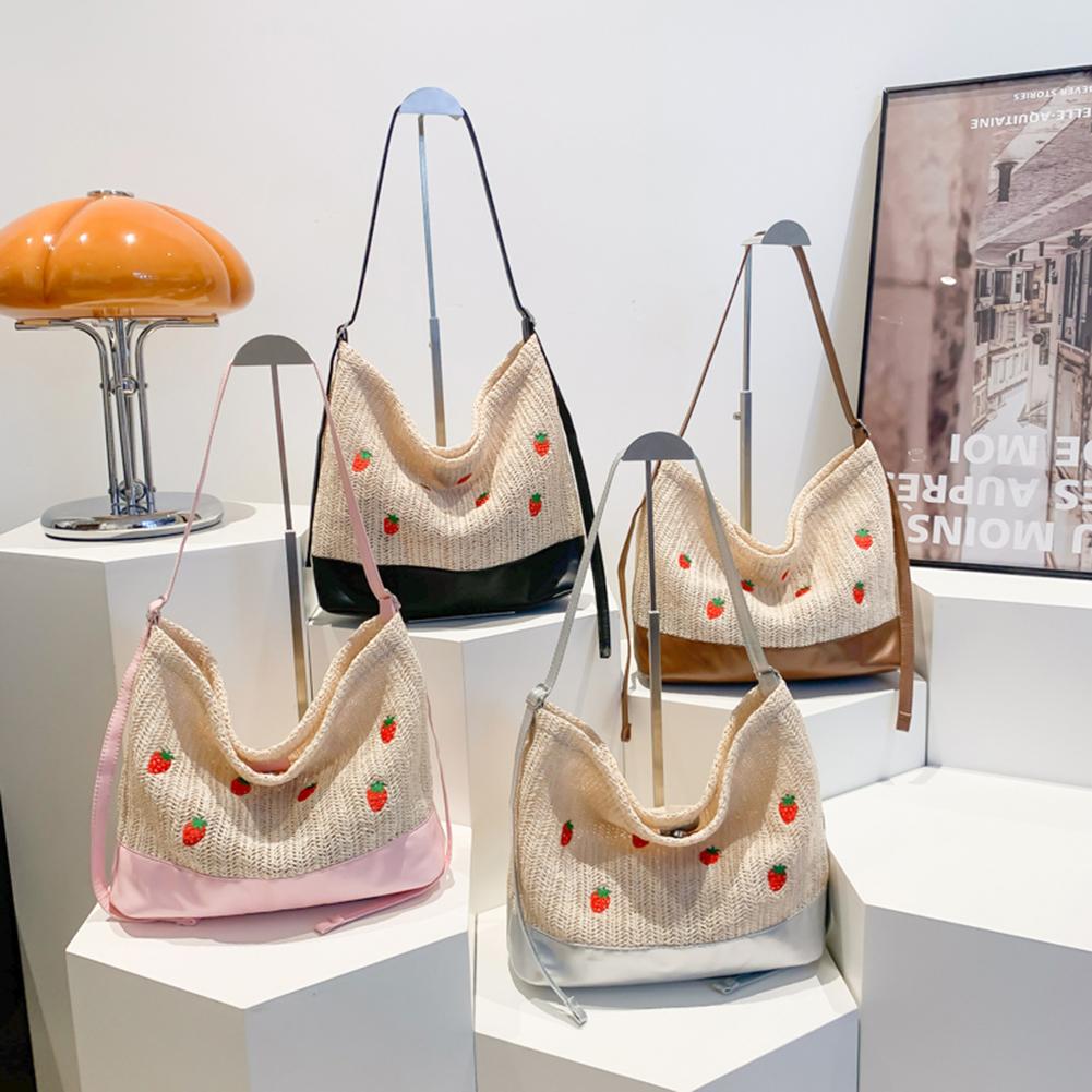 

Cute Strawberry Tote Bag PU Leather Beach Shoulder Bag Large Vacation Bag Holiday Travel Handbag for Women