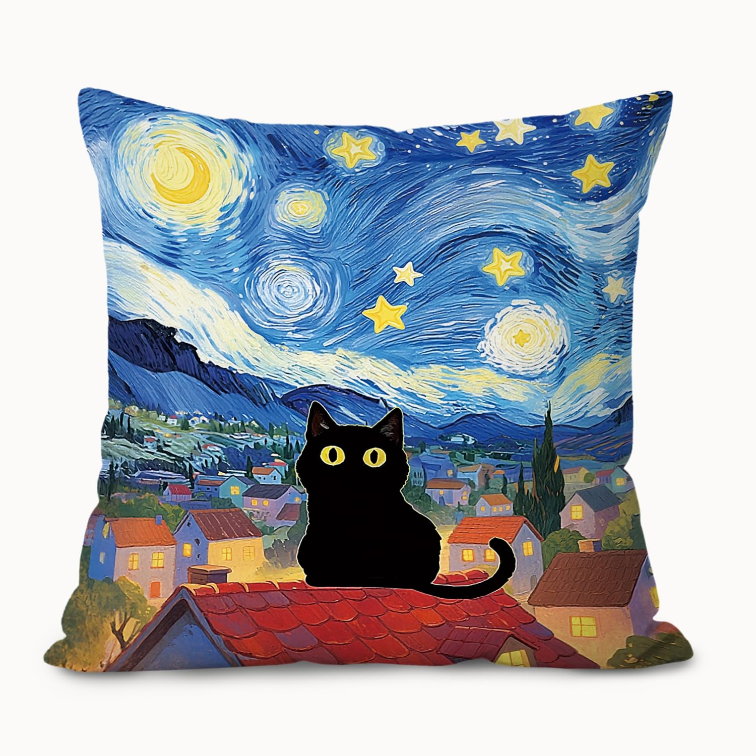 Black Cat Starry Night Pillow Cover Oil Painting Style Cushion Case Artistic Animal Throw Pillow Vintage Aesthetic Home Decor 40x40cm 16x16in