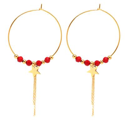 [Q2594] - Créoles créateur acier 'Boho' rouge doré (étoile) - 35 mm- 8 mm