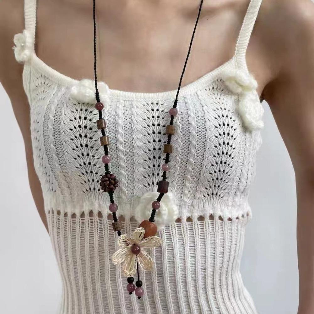 Bohemia White Hollowed-out Five-petal Flower Pendant Wooden Beads Black Rope Woven Necklace for Women Jewelry Two Ways To Wear