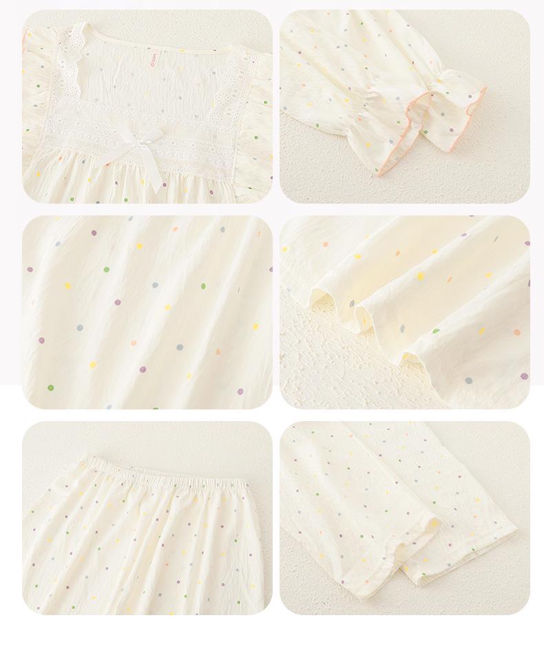 Sweet Polka Dot Lace Trim Princess Pajama Set for Women - Long Sleeve