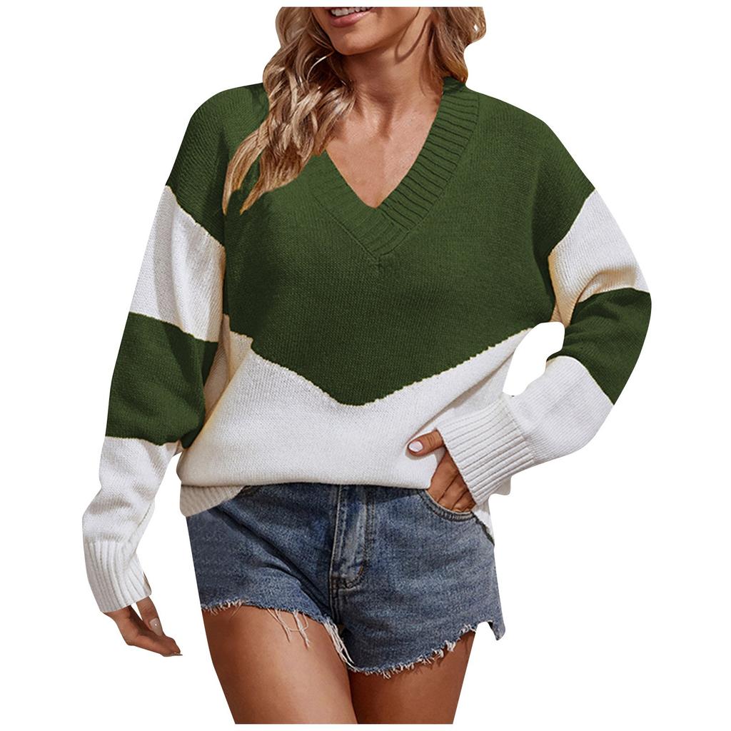 Women's Casual Fashion 2022 Long Sleeved Knitting Contrast Color Sweater Top