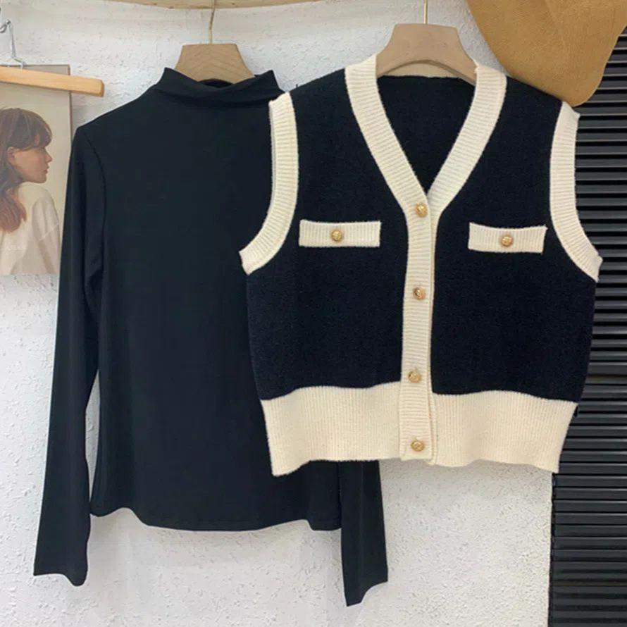 Women's Knitted Vest Spring Autumn Short V-neck Sleeveless Knitted Cardigan Vest Color-blocked Vest Top