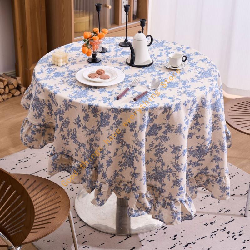 150cm/180cm French Cotton Linen Tablecloth With Ruffled Trim For Round Tables Washable Floral Pattern Table Cover 55KF