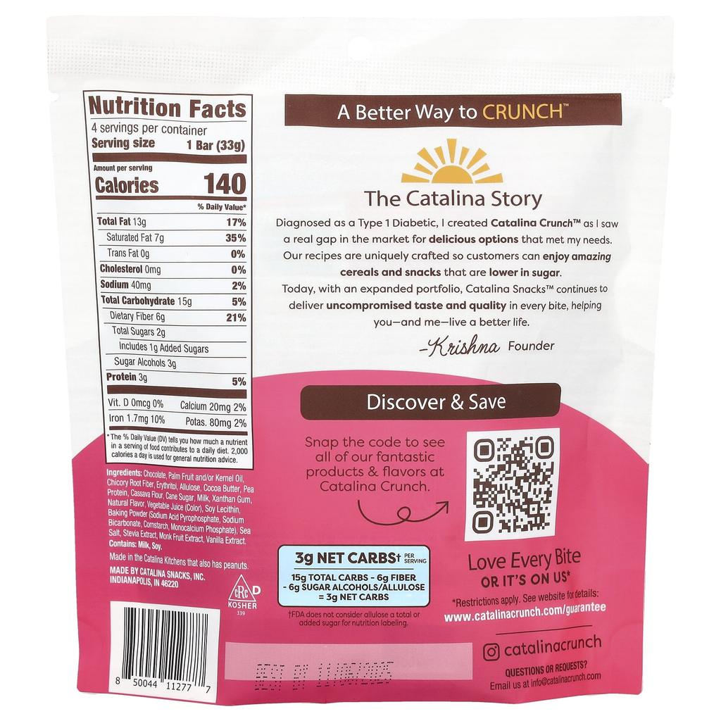 Catalina Crunch, Chocolate Cookie Bar, Raspberry, 4 bars, 1.16 oz (33 g) each