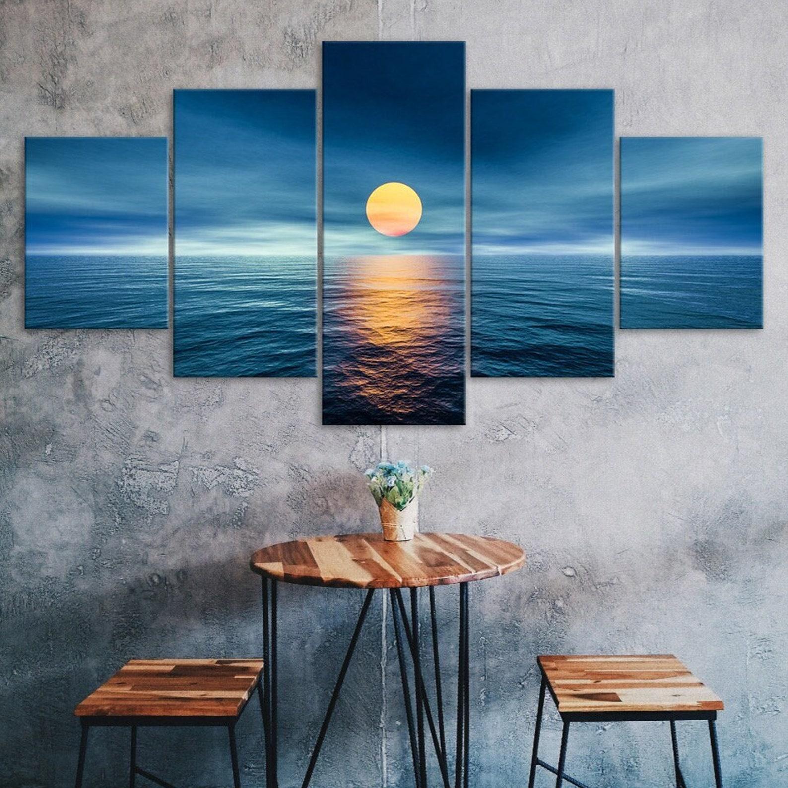 

Full Moon Over The Ocean Scene 5 Piece Five Panel Canvas Print Modern Wall Art Poster Home Decor Gift For Him For Her 20X35 20X45 20X55CM