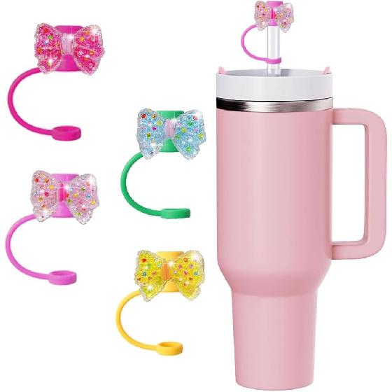 5Pcs Blling Bow Straw Cover Silicone Colorful Covers Cap for Stanley Cup 30&40 Oz Tumblers Lovely Reble Straws Cute Tumbler Straw Topper Accessories