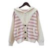 Fake Two-piece Hooded Striped Sweater Jacket Women's Autumn and Winter New Design Loose-knit Double-sided Woolen Cardigan