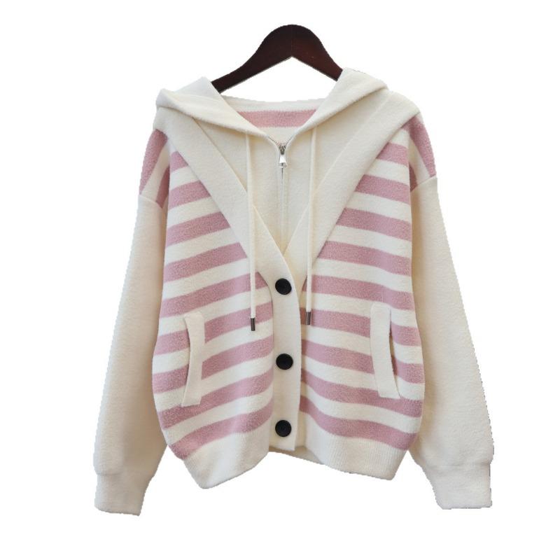 Fake Two-piece Hooded Striped Sweater Jacket Women's Autumn and Winter New Design Loose-knit Double-sided Woolen Cardigan