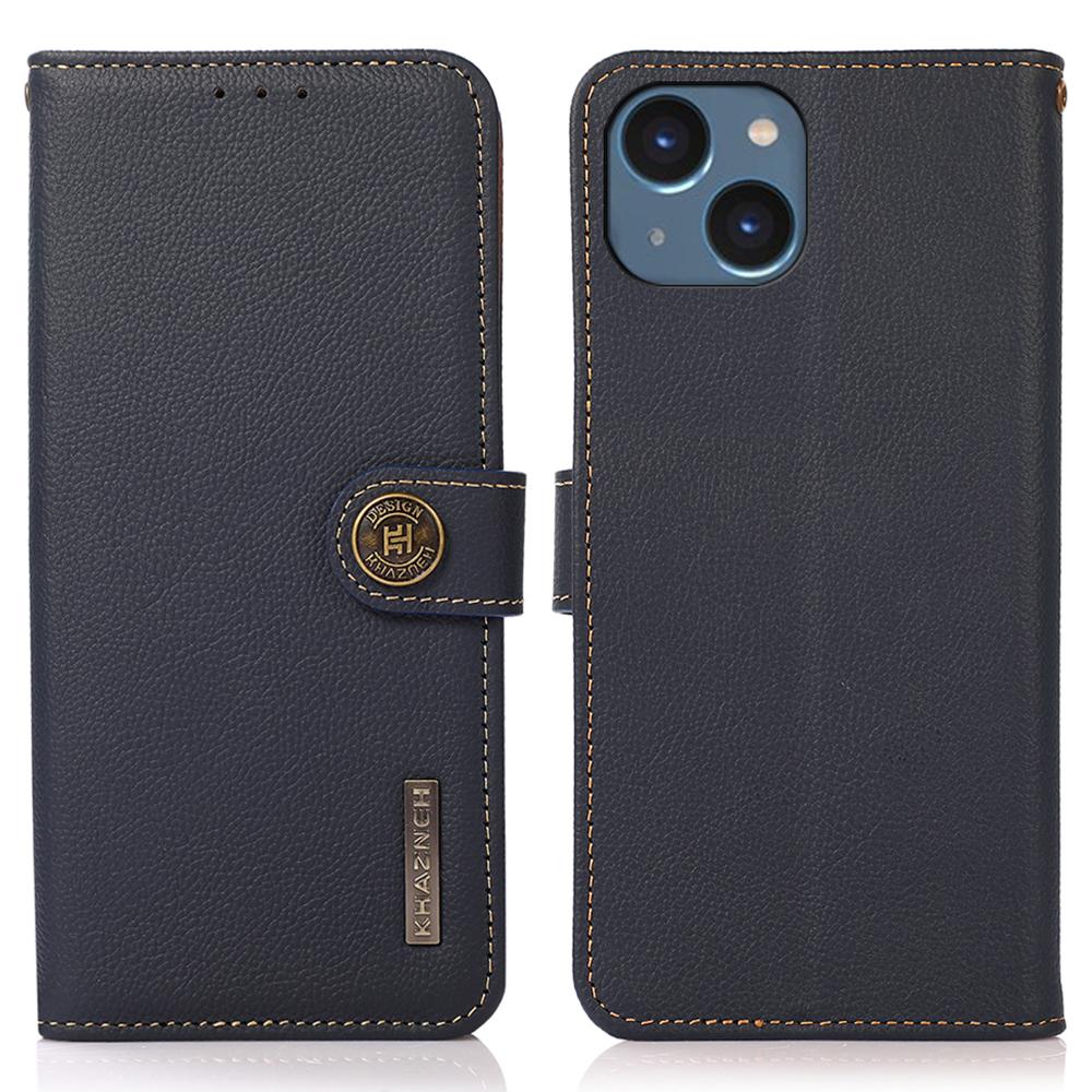 

KHAZNEH Для iPhone 15 Защита от падений Кошелек с RFID-защитой Чехол для мобильного телефона Натуральная коровья кожа Подставка Чехол для телефона Blue