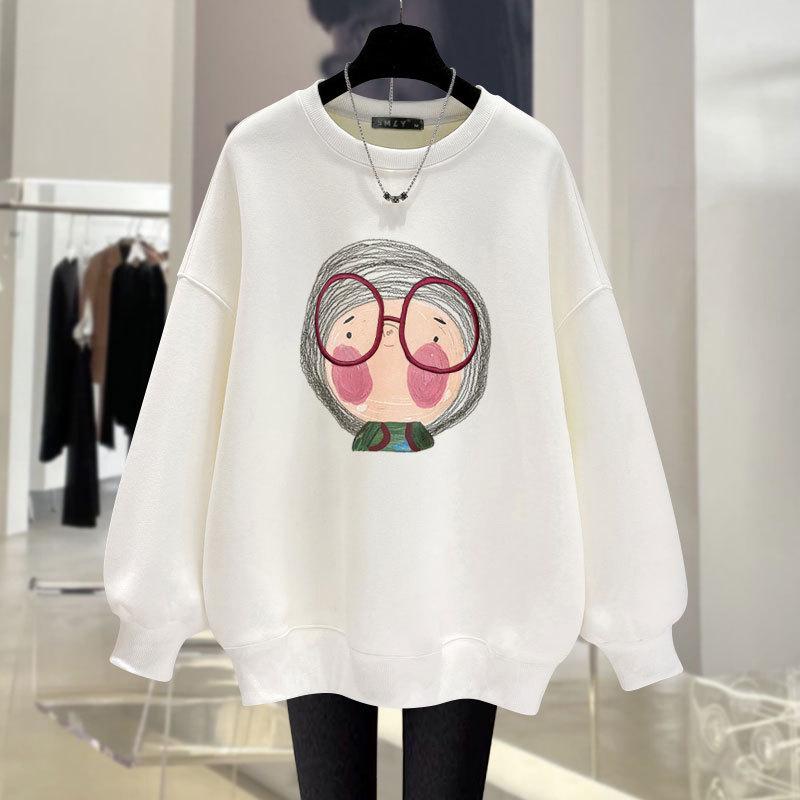 Off-white Sweater Women's Loose and Thin Spring, Autumn and Winter New Cute Cartoon Foreign Style Velvet Medium and Long Top