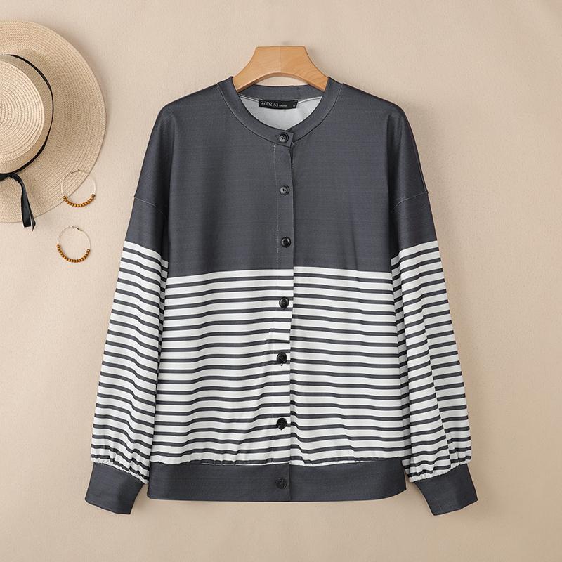 

ZANZEA Women Casual Round Neck Long Sleeve Stripe Blouse 5XL сірий колір