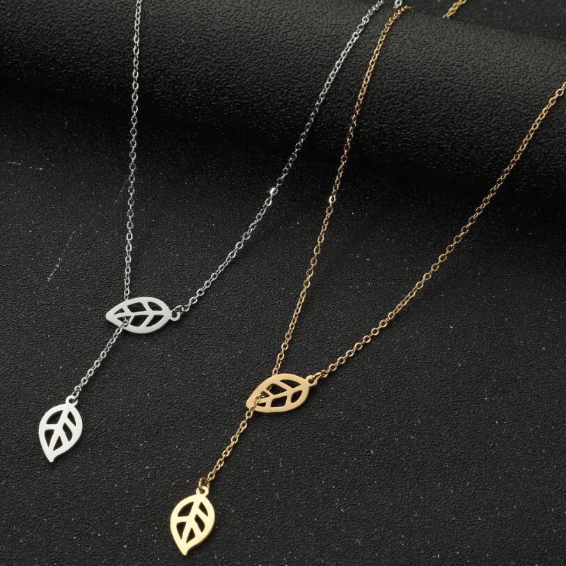 Women's Long Korean-Japanese Sweater Necklace with Leaf and Tassel Double Pendant