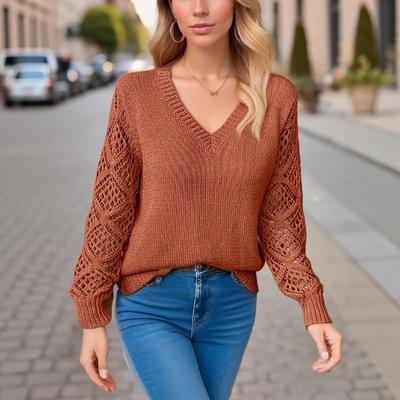 Sweter Damski Wiosenno-Jesienny Dzianinowy Pulower z Szkieletem Długi Rękaw Szydełkowany Żakardowy V-Dekolt Luźny Top